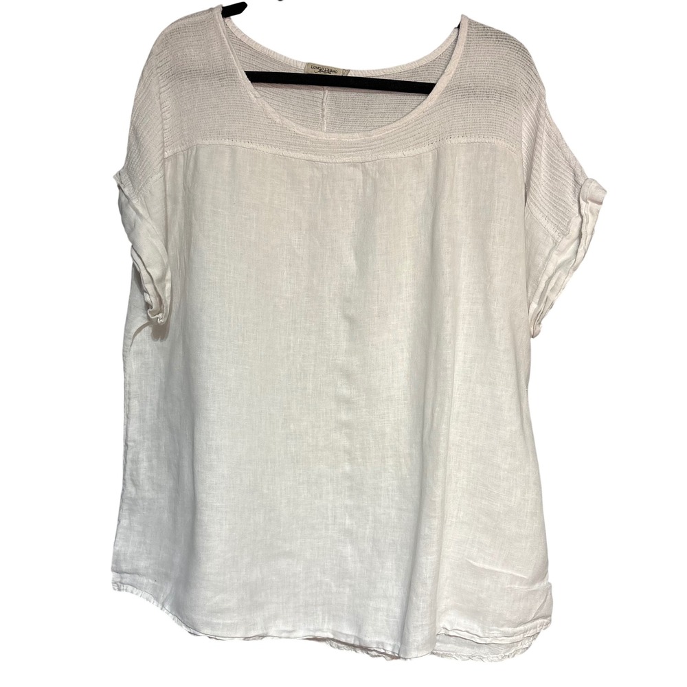 Lungo L'Arno Linen Top Womens 1X White Short Sleeve Made In Italy  Blouse Boho‎